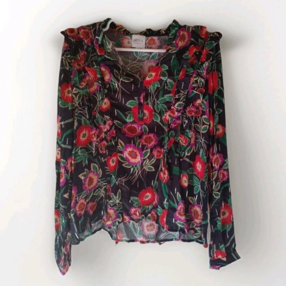 Anthro Misa Los Angeles Hibiscus Floral Ruffle Blouse with Metallic Threading - Picture 4 of 16